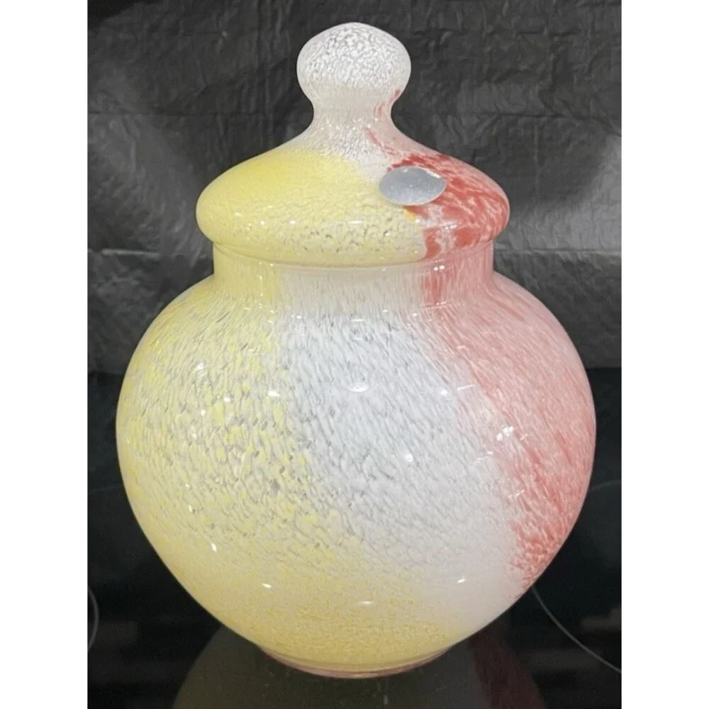 Crystal Clear Apothecary Jar Italy Art Glass Pink Yellow White Swirl 10